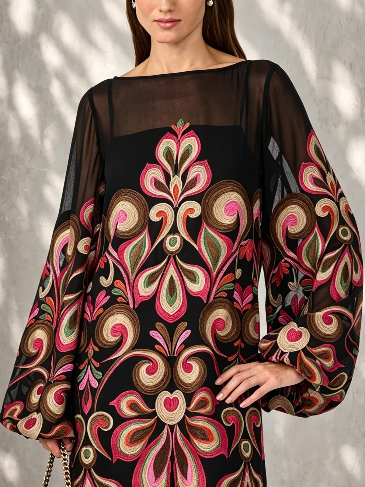 Women's Black Floral Mini Dress with Sheer Balloon Sleeves