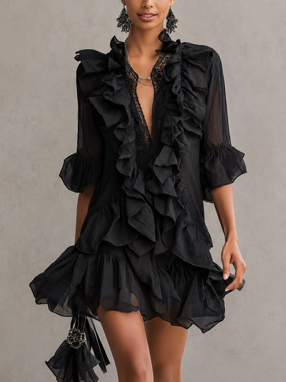 Women's Black Ruffle Mini Dress with Sheer Sleeves