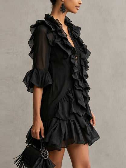 Women's Black Ruffle Mini Dress with Sheer Sleeves