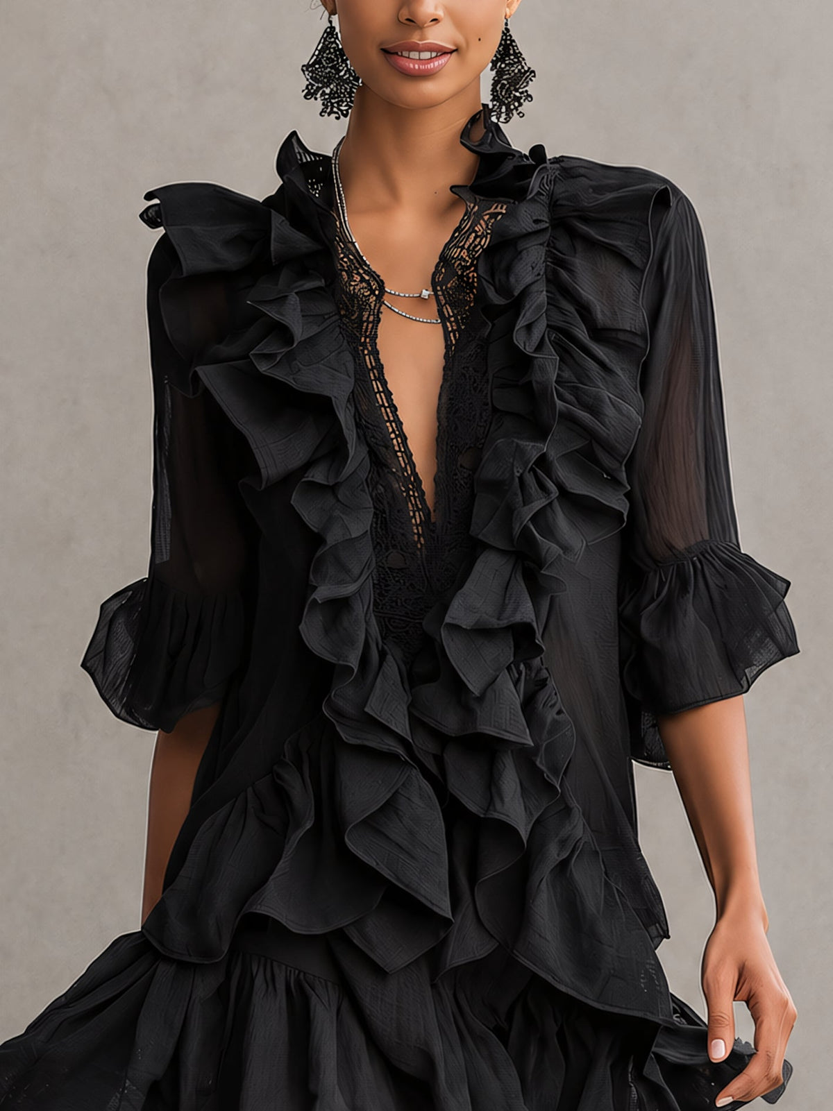Women's Black Ruffle Mini Dress with Sheer Sleeves