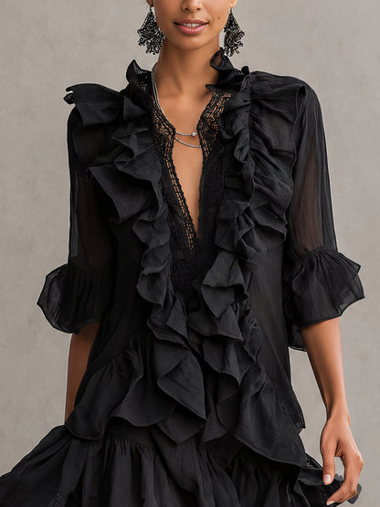 Women's Black Ruffle Mini Dress with Sheer Sleeves