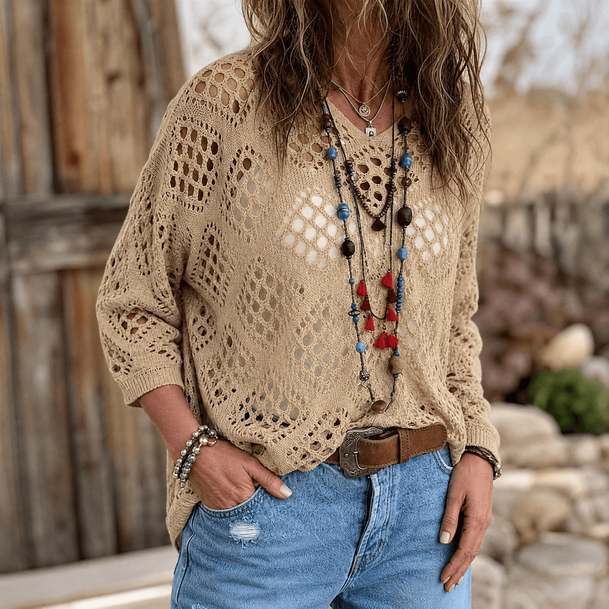 Women's Bohemian Crochet V-Neck Top