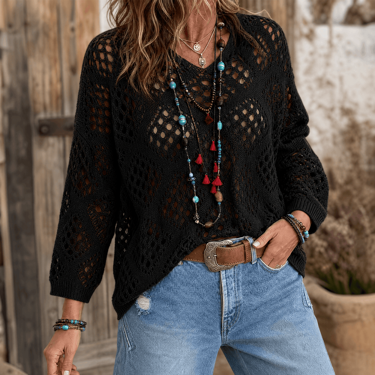 Women's Bohemian Crochet V-Neck Top