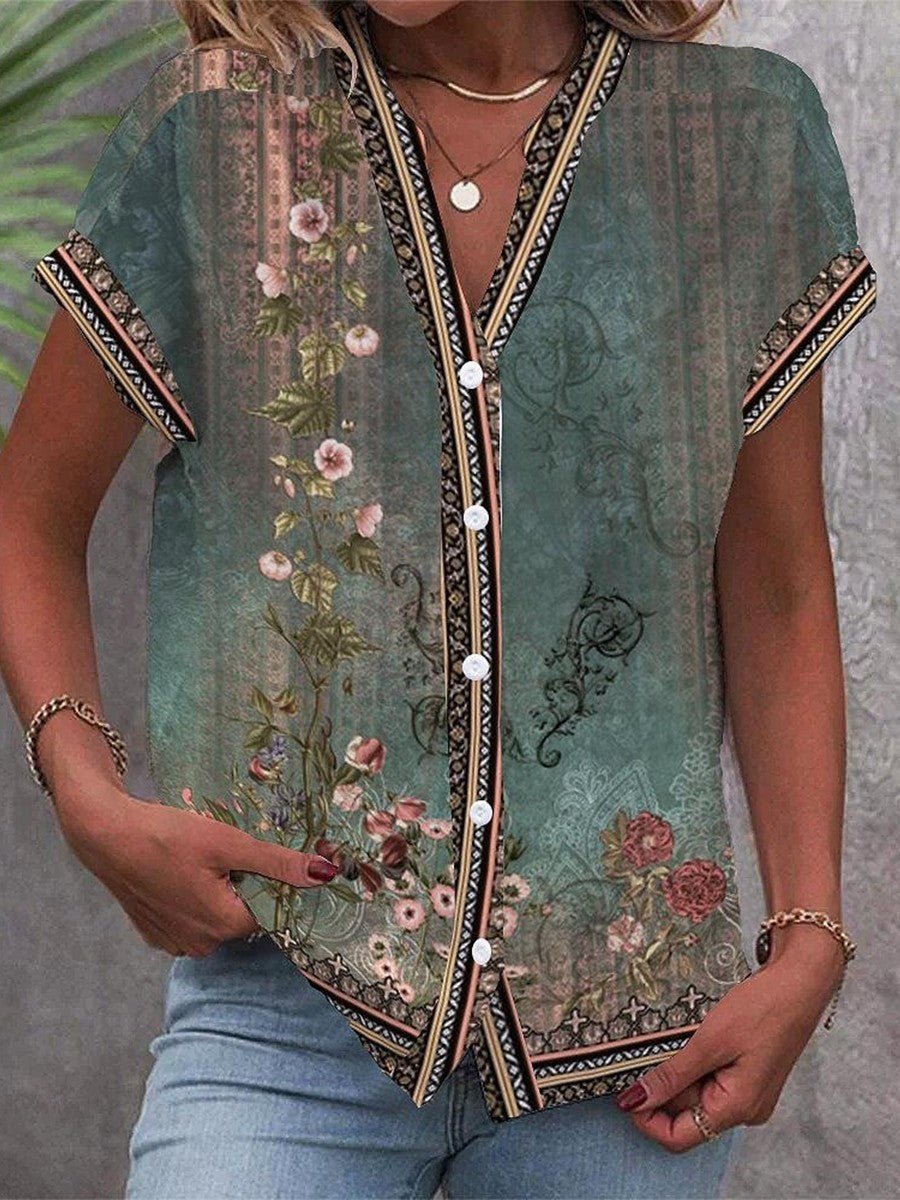Women's Boho Floral Print V-Neck Button-Front Short Sleeve Blouse