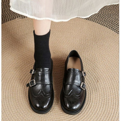 Women's Brogue Loafers with Fringed Trim and Adjustable Buckle
