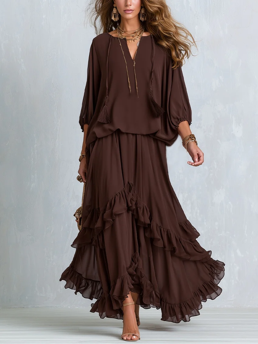 Women's Brown V-Neck Wrap Maxi Dress with Tiered Ruffle Hem