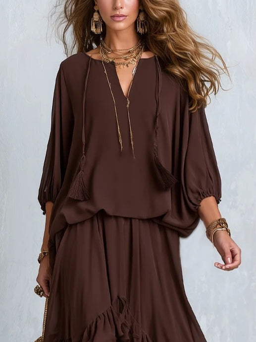 Women's Brown V-Neck Wrap Maxi Dress with Tiered Ruffle Hem
