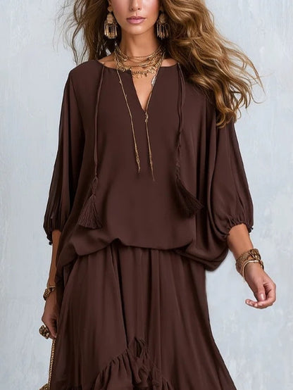 Women's Brown V-Neck Wrap Maxi Dress with Tiered Ruffle Hem