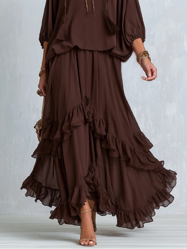 Women's Brown V-Neck Wrap Maxi Dress with Tiered Ruffle Hem