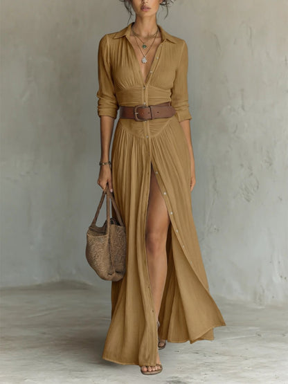 Women's Button-Through Belted Maxi Shirt Dress