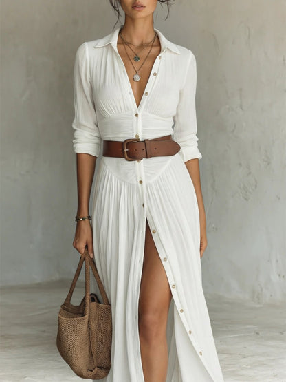Women's Button-Through Belted Maxi Shirt Dress