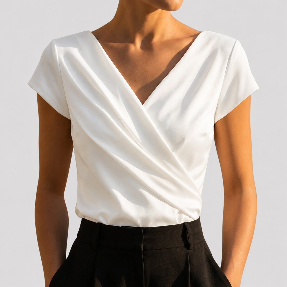 Women's Cap Sleeve Draped Wrap V-Neck Blouse