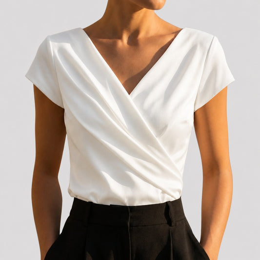 Women's Cap Sleeve Draped Wrap V-Neck Blouse