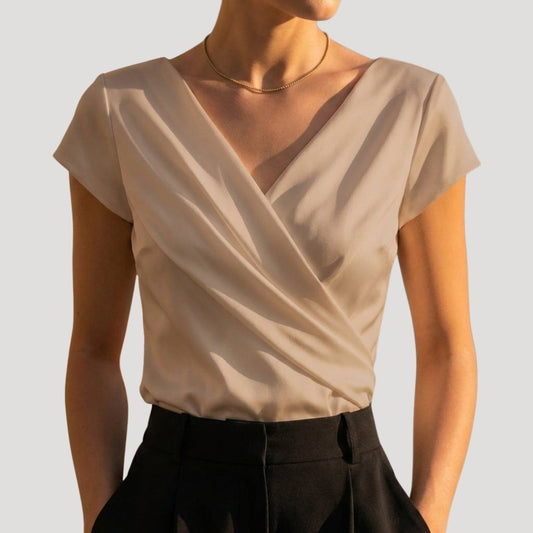Women's Cap Sleeve Draped Wrap V-Neck Blouse