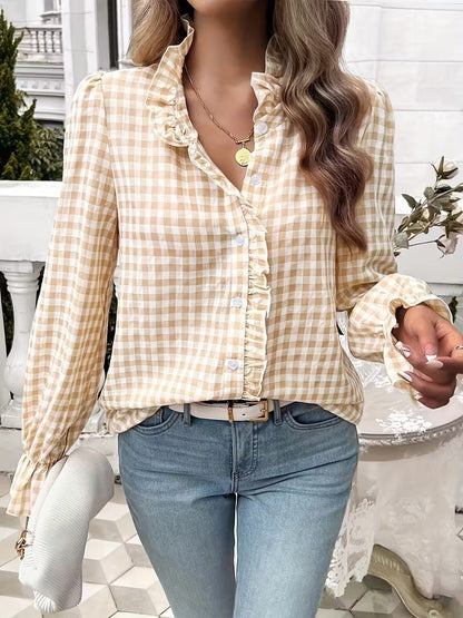 Women's Checkered Ruffle Blouse with Stand-Up Collar, Concealed Button Placket, and Bell Sleeves