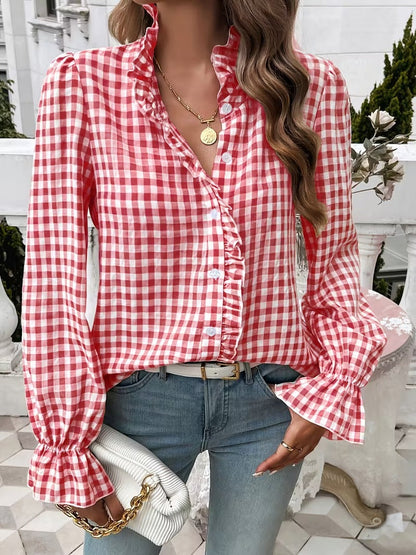 Women's Checkered Ruffle Blouse with Stand-Up Collar, Concealed Button Placket, and Bell Sleeves