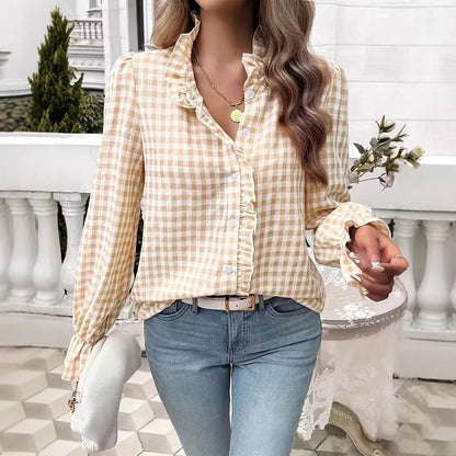 Women's Checkered Ruffle Blouse with Stand-Up Collar, Concealed Button Placket, and Bell Sleeves
