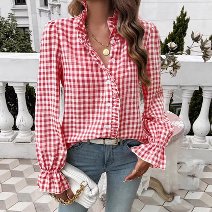 Women's Checkered Ruffle Blouse with Stand-Up Collar, Concealed Button Placket, and Bell Sleeves