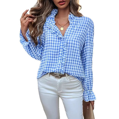 Women's Checkered Ruffle Blouse with Stand-Up Collar, Concealed Button Placket, and Bell Sleeves