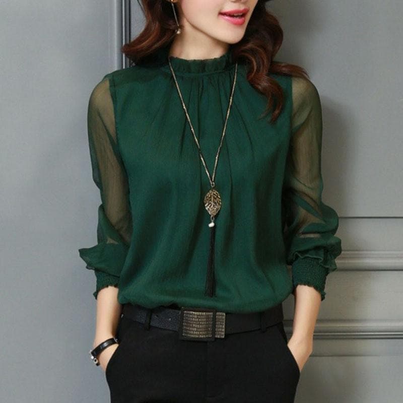 Women's Chiffon Blouse with Ruffles and Sheer Sleeves