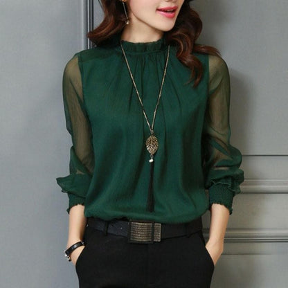 Women's Chiffon Blouse with Ruffles and Sheer Sleeves