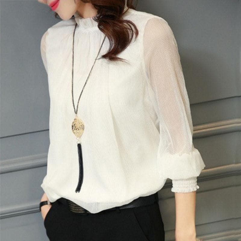 Women's Chiffon Blouse with Ruffles and Sheer Sleeves