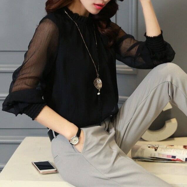 Women's Chiffon Blouse with Ruffles and Sheer Sleeves