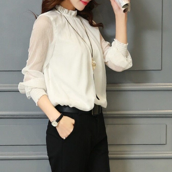Women's Chiffon Blouse with Ruffles and Sheer Sleeves