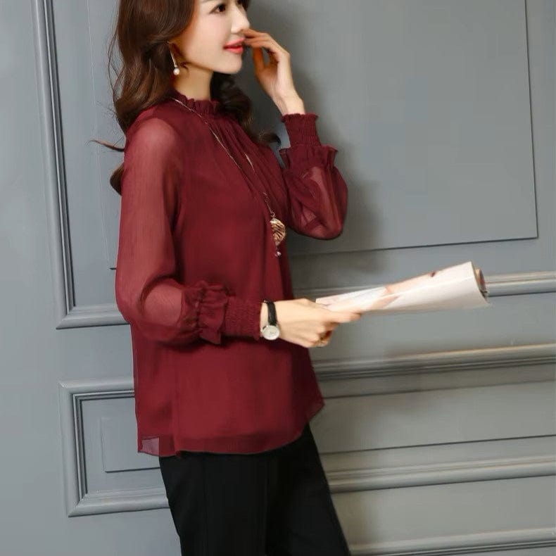 Women's Chiffon Blouse with Ruffles and Sheer Sleeves