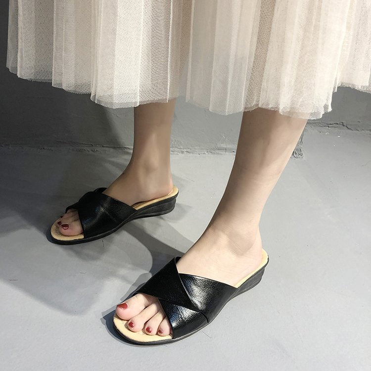 Women's Comfortable Slide Sandals with Crossed Straps and Lightweight Wedge Heel