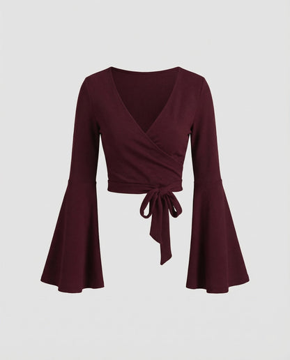 Women's Cropped Wrap Top with Bell Sleeves