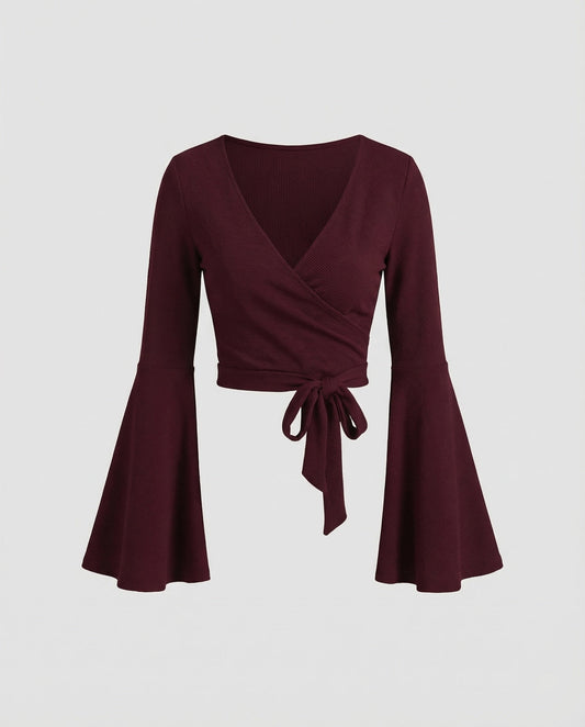 Women's Cropped Wrap Top with Bell Sleeves