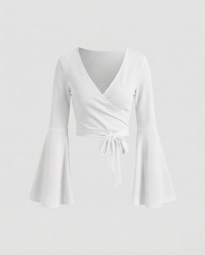 Women's Cropped Wrap Top with Bell Sleeves