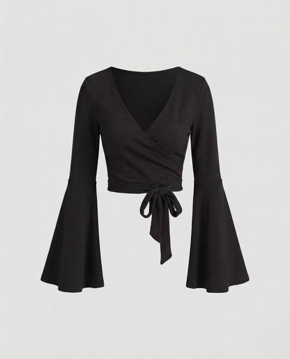 Women's Cropped Wrap Top with Bell Sleeves