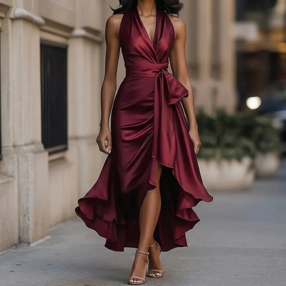 Women's Deep V-Neck Ruffle Evening Dress