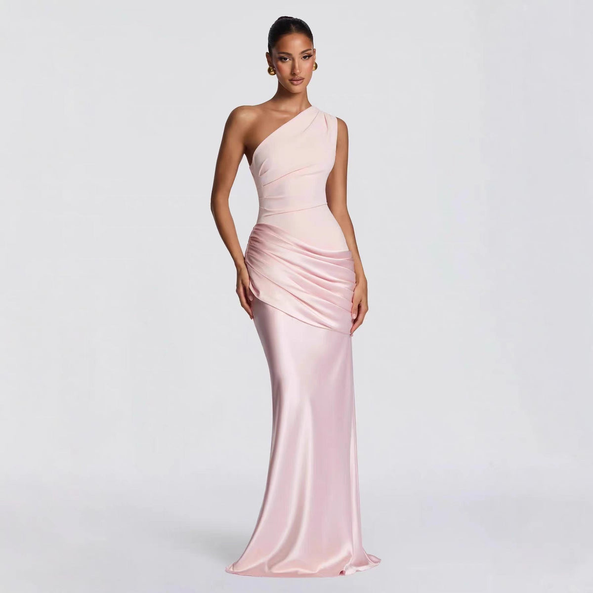 Women's Elegant Asymmetric Satin Evening Dress with Draped Design and Pockets