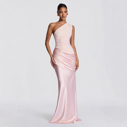 Women's Elegant Asymmetric Satin Evening Dress with Draped Design and Pockets