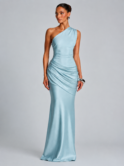 Women's Elegant Asymmetric Satin Evening Dress with Draped Design and Pockets