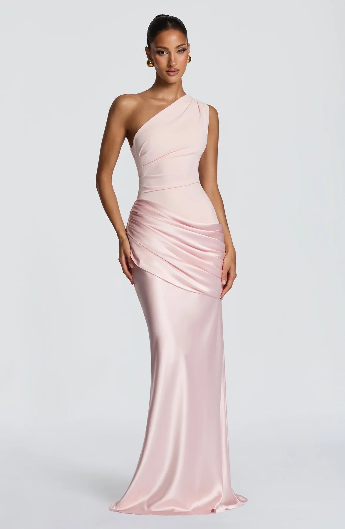 Women's Elegant Asymmetric Satin Evening Dress with Draped Design and Pockets
