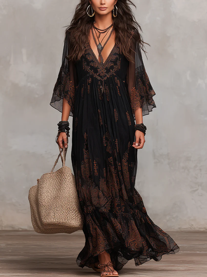 Women's Elegant Black Boho Maxi Dress with Flutter Sleeves and Lace