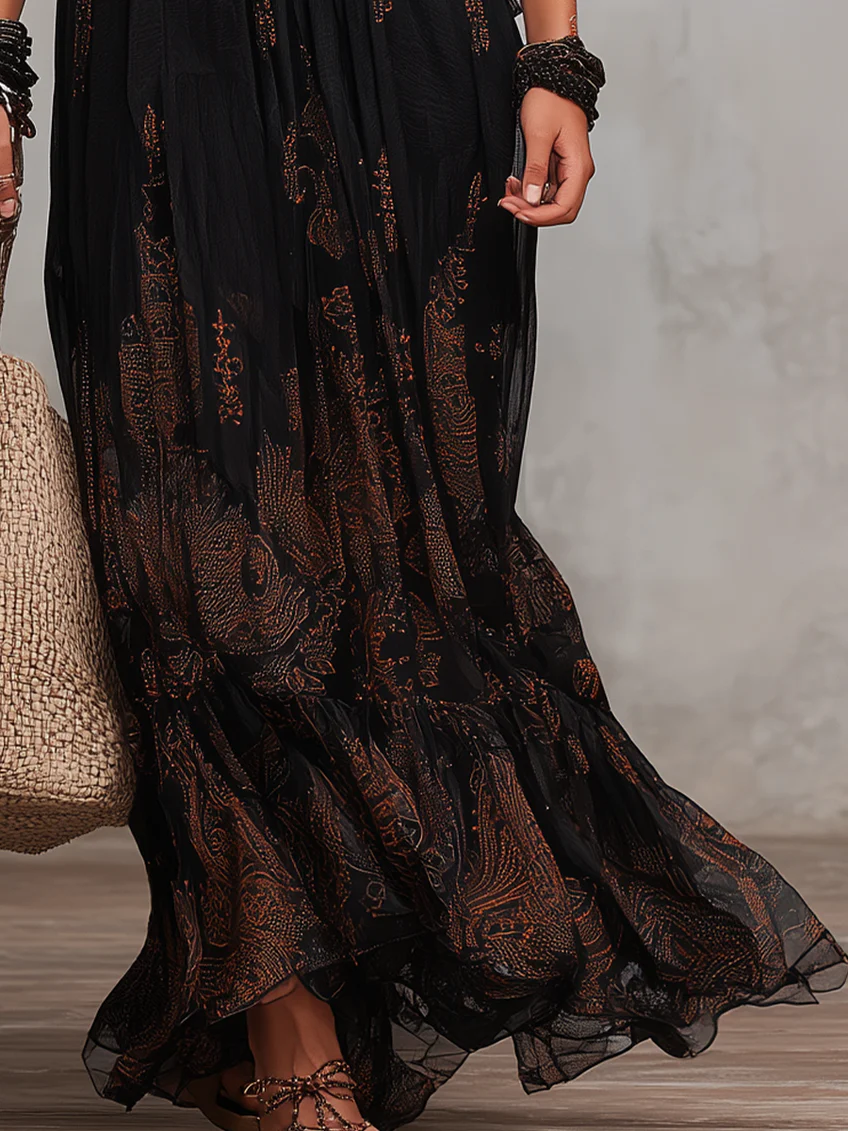 Women's Elegant Black Boho Maxi Dress with Flutter Sleeves and Lace