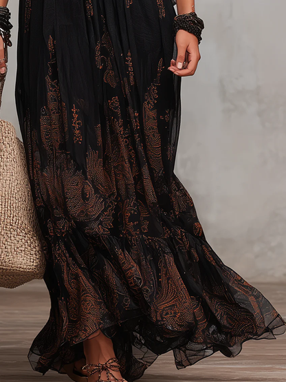 Women's Elegant Black Boho Maxi Dress with Flutter Sleeves and Lace