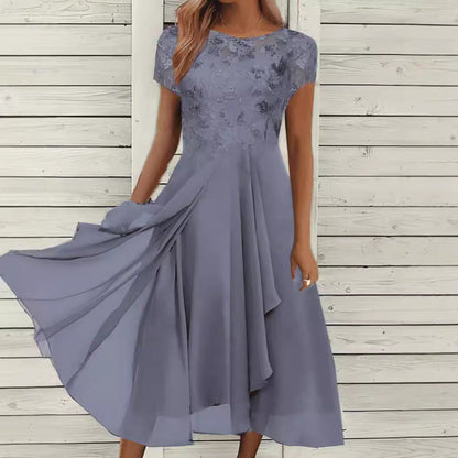 Women's Elegant Chiffon Midi Dress with Floral Lace Appliqué and Flowing A-Line Skirt