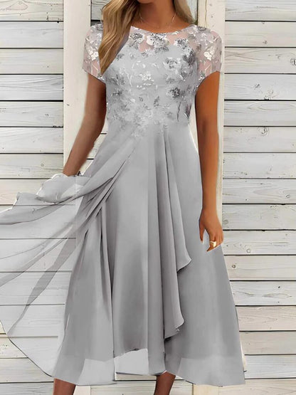 Women's Elegant Chiffon Midi Dress with Floral Lace Appliqué and Flowing A-Line Skirt