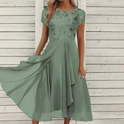 Women's Elegant Chiffon Midi Dress with Floral Lace Appliqué and Flowing A-Line Skirt