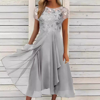 Women's Elegant Chiffon Midi Dress with Floral Lace Appliqué and Flowing A-Line Skirt