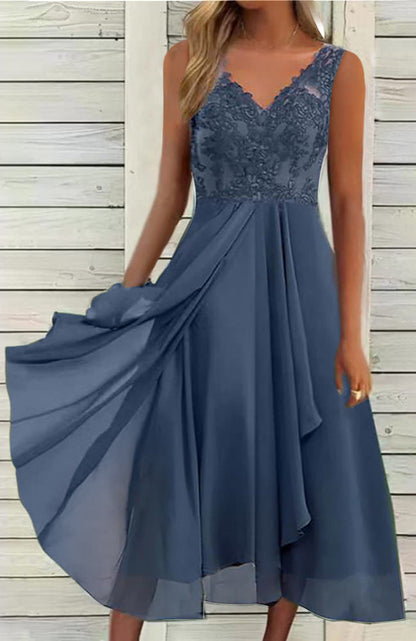 Women's Elegant Evening Midi Dress with Embroidered Lace Bodice, Draped Waist, and Flowing Layered Skirt