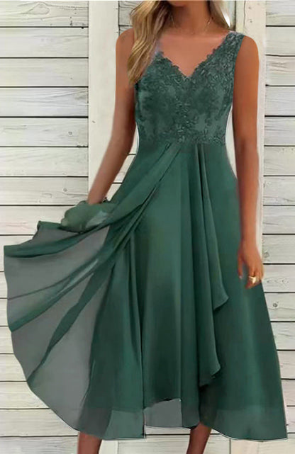Women's Elegant Evening Midi Dress with Embroidered Lace Bodice, Draped Waist, and Flowing Layered Skirt