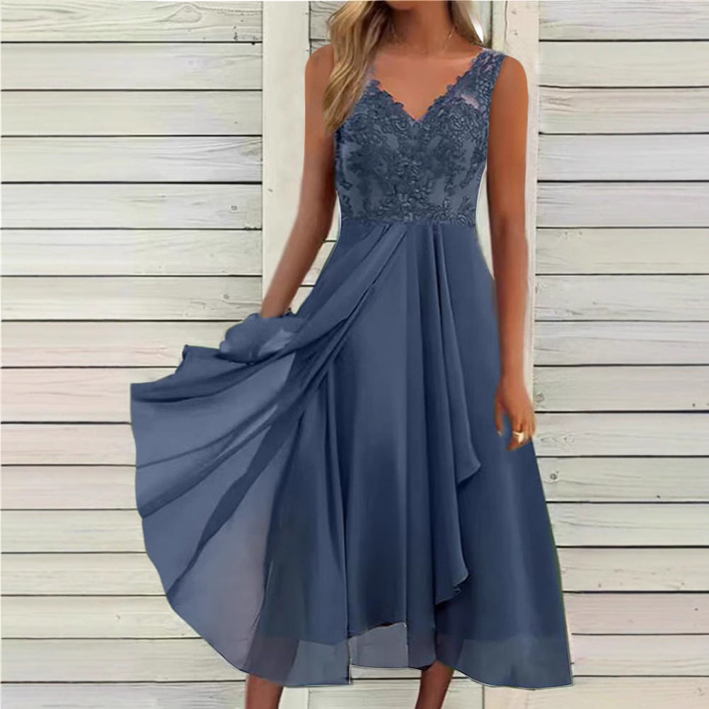 Women's Elegant Evening Midi Dress with Embroidered Lace Bodice, Draped Waist, and Flowing Layered Skirt