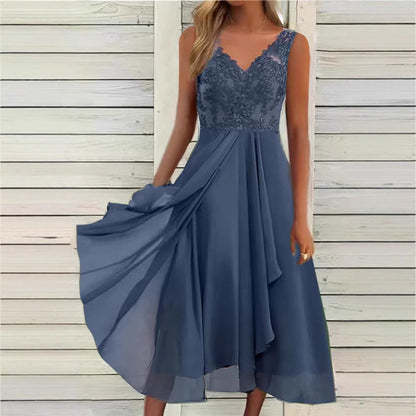Women's Elegant Evening Midi Dress with Embroidered Lace Bodice, Draped Waist, and Flowing Layered Skirt